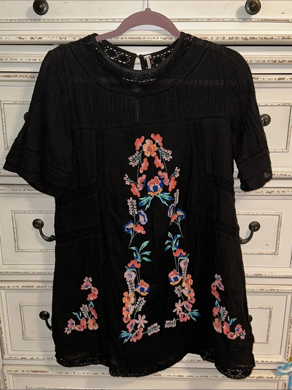 Free People Black Short-Sleeve Tunic with Multicolor Floral Embroidery